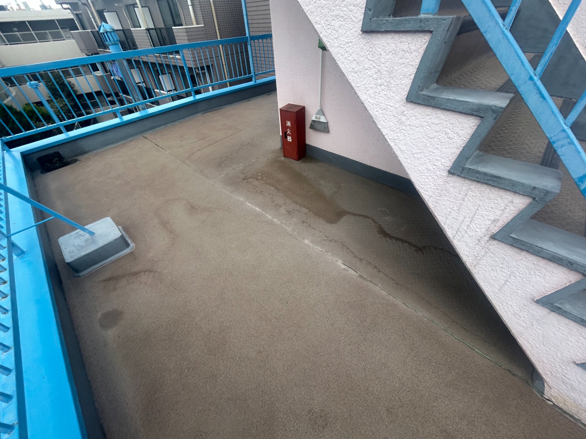 踊り場に水溜まりの跡が残り劣化が進行している状態