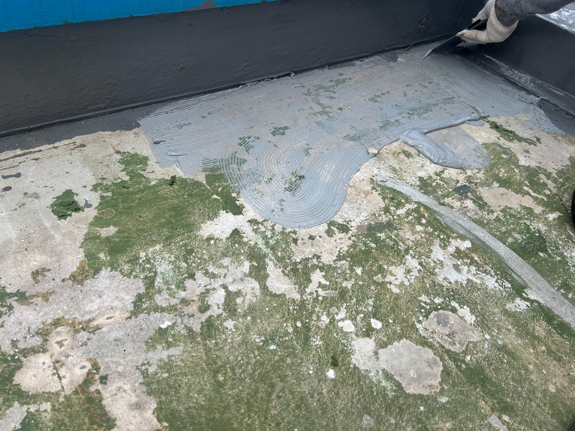 櫛目ゴテで接着剤を均一に塗布している様子